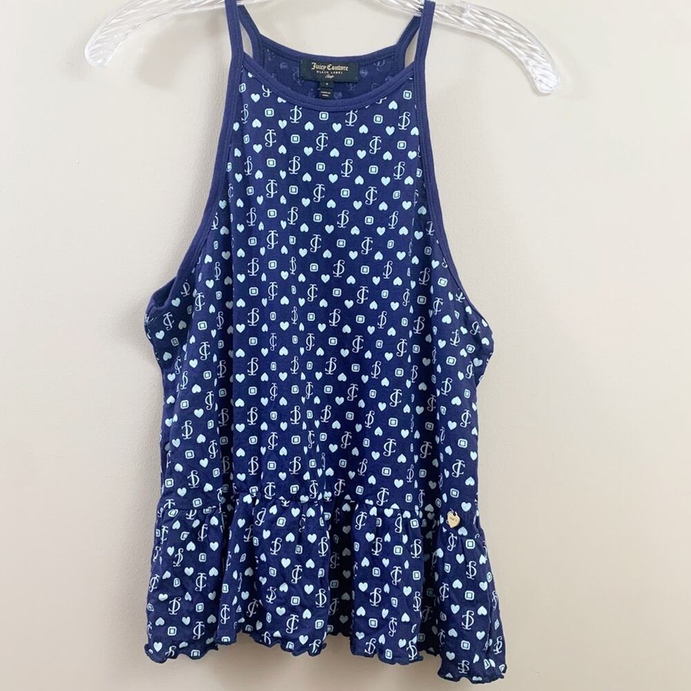 Juice Couture Black Label Sleep Crop Ruffle Hearts Cami Tank Navy/Sky Blue